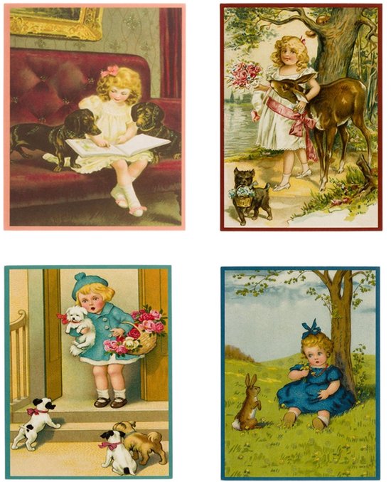 Nostalgische kaarten - 4 stuks - Klassieke Vintage afbeeldingen - nostalgische ansichtkaarten - prentbriefkaart - dieren - kinderen - Feestelijk - verjaardag -Oude Brocante briefkaarten