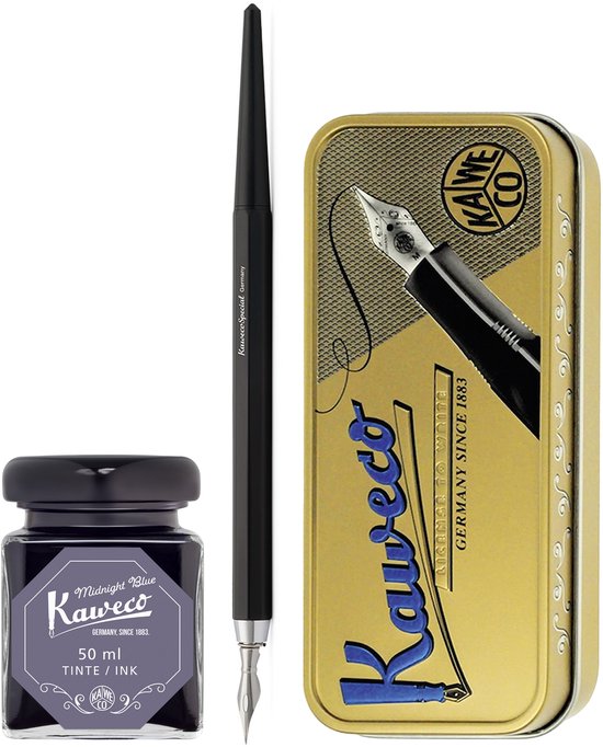Kaweco - Fountain Pen - Special Dip Pen Black - in vintage blik - Potje inkt Midnight Blue 60cc
