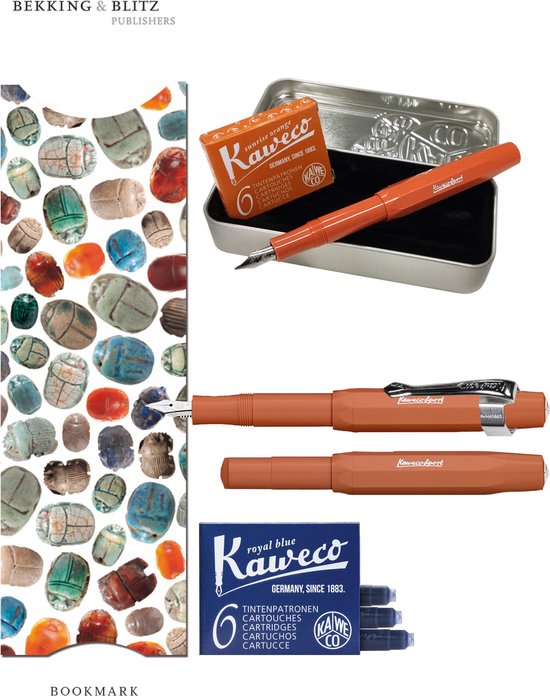 Kaweco Cadeauset (6 delig) Blikje, Vulpen Fox M, Clip, Boekenlegger Scarabee, 2 doosjes vullingen