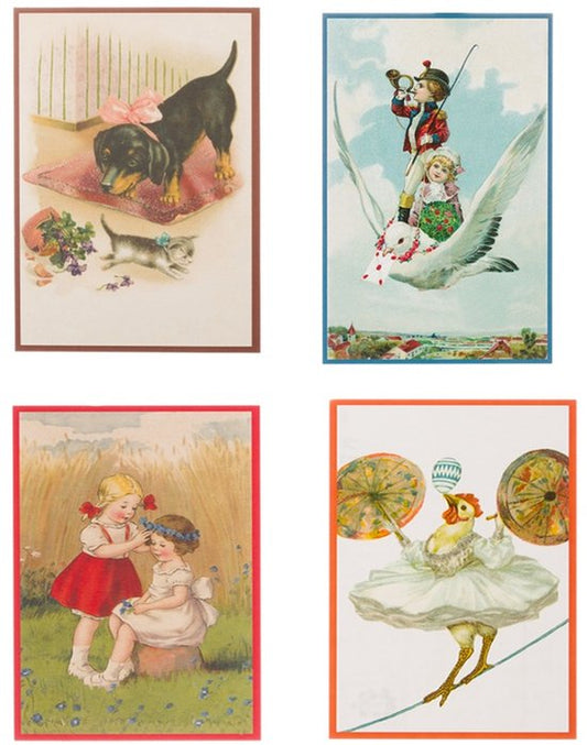 Nostalgische kaarten - 4 stuks - Klassieke Vintage afbeeldingen - nostalgische ansichtkaarten - prentbriefkaart - dieren - kinderen - Feestelijk - verjaardag -Oude Brocante briefkaarten