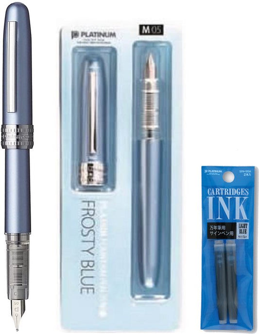 Platinum Japan - Plaisir Fountain Pen - FIJN - Vulpen - FrostyBlue - penpunt: fijn 03 - Met extra navullingen LichtBlauw