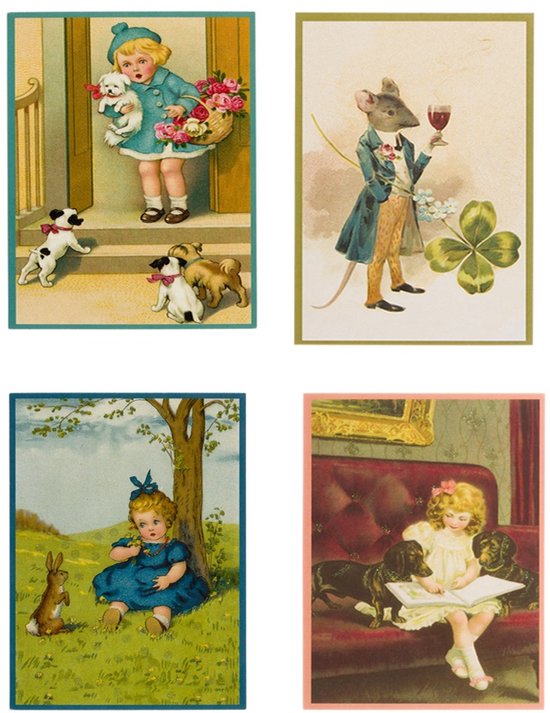 Nostalgische kaarten - 4 stuks - Klassieke Vintage afbeeldingen - nostalgische ansichtkaarten - prentbriefkaart - dieren - kinderen - Feestelijk - verjaardag -Oude Brocante briefkaarten