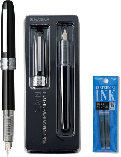 Platinum Japan - Plaisir Fountain Pen - Medium - Vulpen - Zwart - penpunt: Medium 05 - Met extra vullingen Lichtblauw