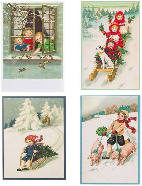 Nostalgische kerstkaarten - 4 stuks - Klassieke Vintage afbeeldingen - Winter - Sneeuw - Feestelijk - Jaarwisseling - Oude Brocante kerstkaarten 15X10,5 en 14X9
