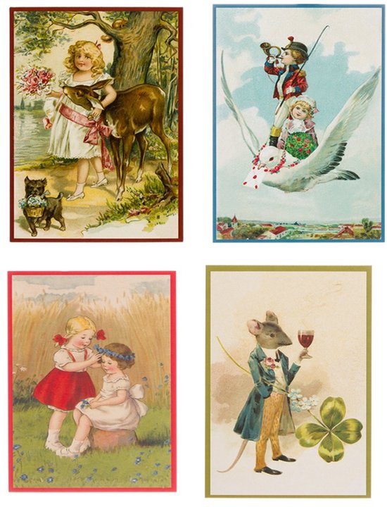 Nostalgische kaarten - 4 stuks - Klassieke Vintage afbeeldingen - nostalgische ansichtkaarten - prentbriefkaart - dieren - kinderen - Feestelijk - verjaardag -Oude Brocante briefkaarten