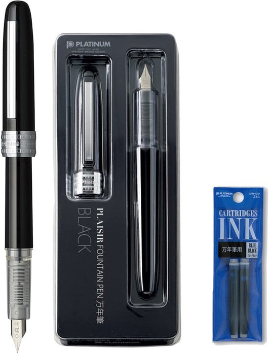Platinum Japan - Plaisir Fountain Pen - FIJN - Vulpen - Zwart - penpunt: fijn 03 - Met extra navullingen Blauw