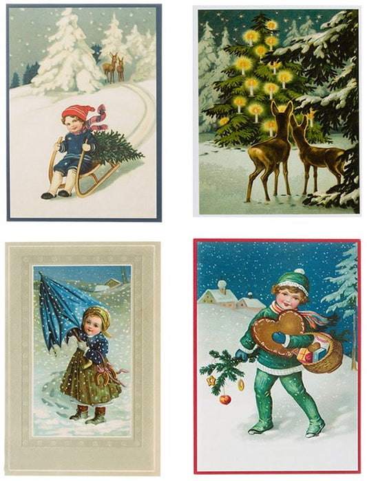 Nostalgische kerstkaarten - 4 stuks - Klassieke Vintage afbeeldingen - Winter - Sneeuw - Feestelijk - Jaarwisseling - Oude Brocante kerstkaarten 15X10,5 en 14X9