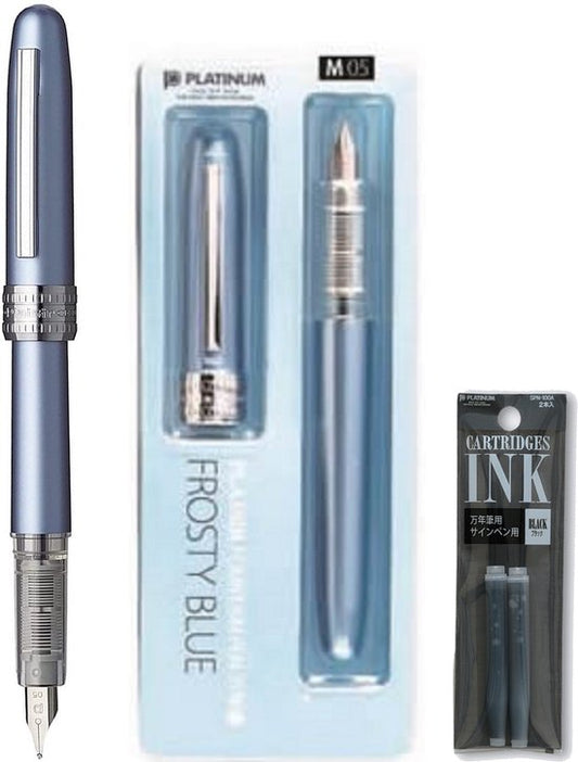 Platinum Japan - Plaisir Fountain Pen - FIJN - Vulpen - FrostyBlue - penpunt: fijn 03 - Met extra navullingen Zwart