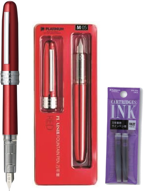 Platinum Japan - Plaisir Fountain Pen - Medium - Vulpen - Rood - penpunt: Medium 05 - Met extra vullingen Paars