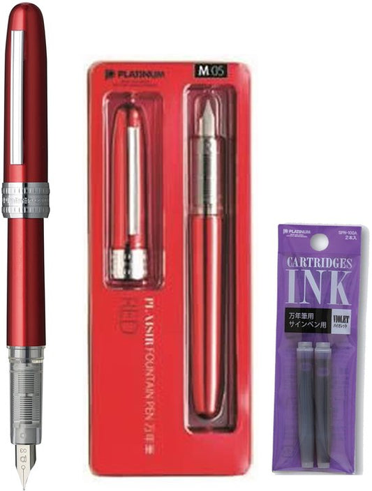 Platinum Japan - Plaisir Fountain Pen - FIJN - Vulpen - Rood - penpunt: fijn 03 - Met extra navullingen Paars