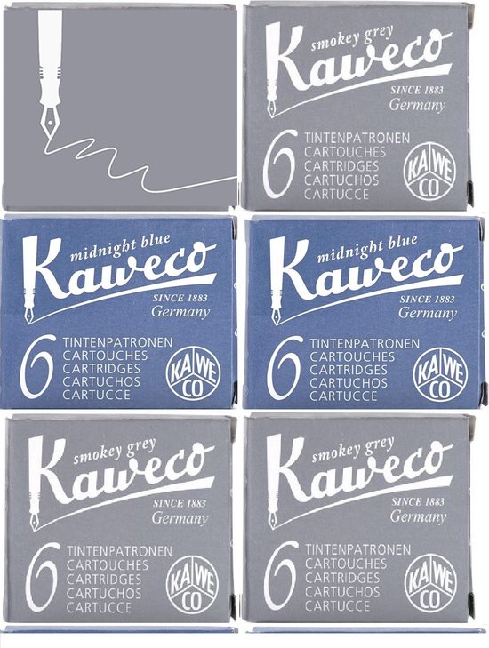 Kaweco Vulpen vullingen 6 doosjes, 4x Grijs, 2x Midnight Blue