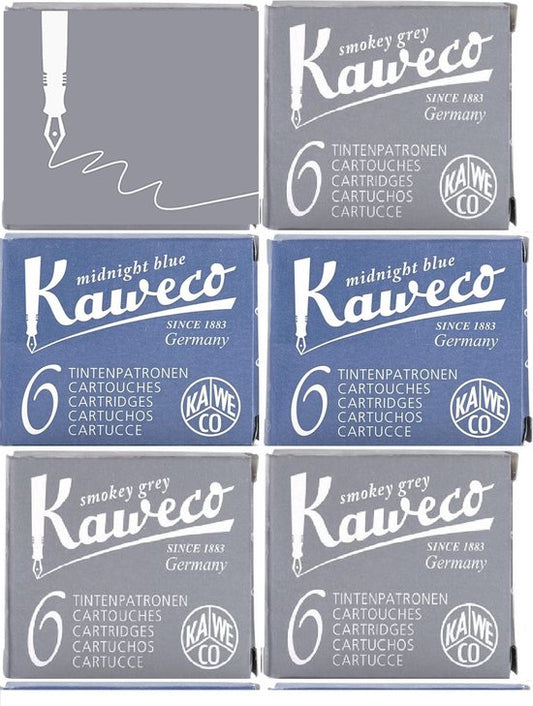 Kaweco Vulpen vullingen 6 doosjes, 4x Grijs, 2x Midnight Blue