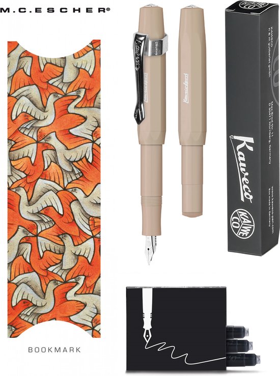 Kaweco - Vulpenset - 4delig - Vulpen Sport Skyline Macchiato Fountain Pen - Extra Breed - Nostalgic Octagonal Clip Chrome - Doosje zwarte vullingen - Bekking & Blitz Boekenlegger -nr17