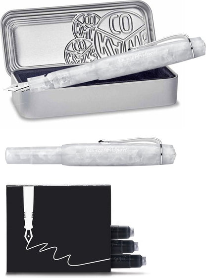 Kaweco - ART SPORT VULPEN - Mineral White - wit-chrome - Fine - Met extra doosje zwarte vullingen