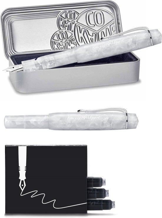 Kaweco - ART SPORT VULPEN - Mineral White - wit-chrome - Extra Fine - Met extra doosje zwarte vullingen