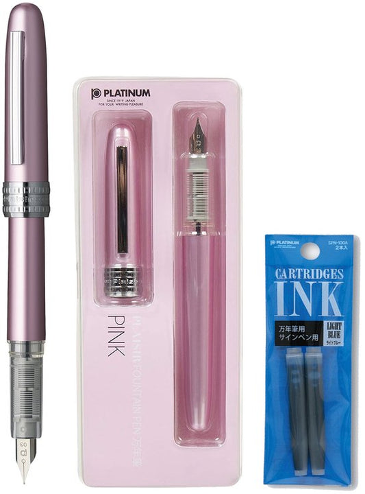 Platinum Japan - Plaisir Fountain Pen - FIJN - Vulpen - Roze - penpunt: fijn 03 - Met extra navullingen Lichtblauw