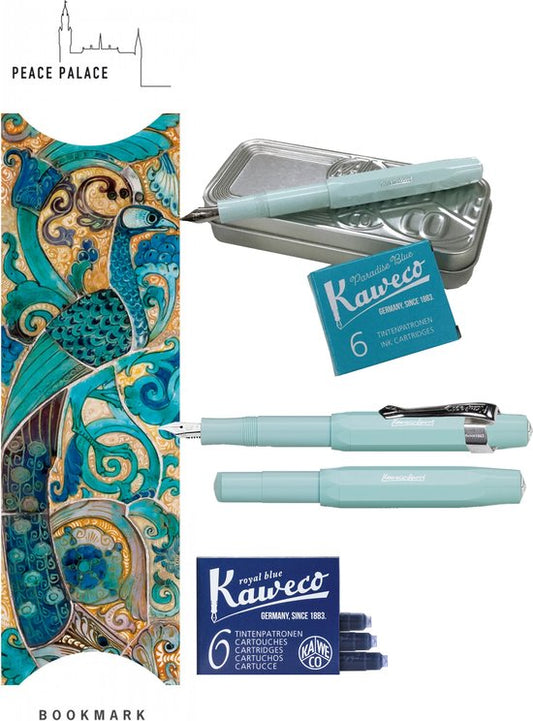 Kaweco Cadeauset (6 delig) Blikje, Vulpen mint M, Clip, Boekenlegger Peace Palace turkoise, 2 doosjes vullingen