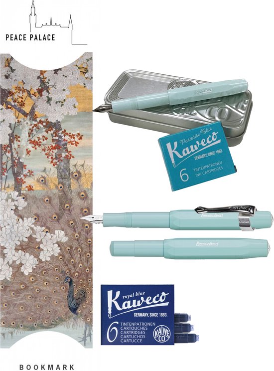 Kaweco Cadeauset (6 delig) Blikje, Vulpen mint M, Clip, Boekenlegger Peace Palace bruin, 2 doosjes vullingen