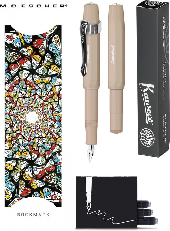 Kaweco - Vulpenset - 4delig - Vulpen Sport Skyline Macchiato Fountain Pen - Breed - Nostalgic Octagonal Clip Chrome - Doosje zwarte vullingen - Bekking & Blitz Boekenlegger - nr15