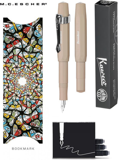 Kaweco - Vulpenset - 4delig - Vulpen Sport Skyline Macchiato Fountain Pen - Breed - Nostalgic Octagonal Clip Chrome - Doosje zwarte vullingen - Bekking & Blitz Boekenlegger - nr15