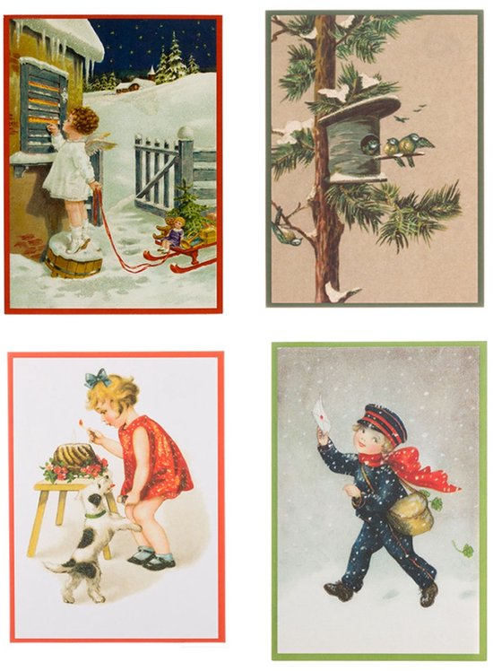 Nostalgische kerstkaarten - 4 stuks - Klassieke Vintage afbeeldingen - Winter - Sneeuw - Feestelijk - Jaarwisseling - Oude Brocante kerstkaarten 15X10,5 en 14X9