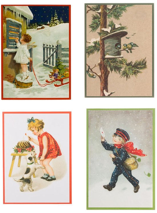 Nostalgische kerstkaarten - 4 stuks - Klassieke Vintage afbeeldingen - Winter - Sneeuw - Feestelijk - Jaarwisseling - Oude Brocante kerstkaarten 15X10,5 en 14X9