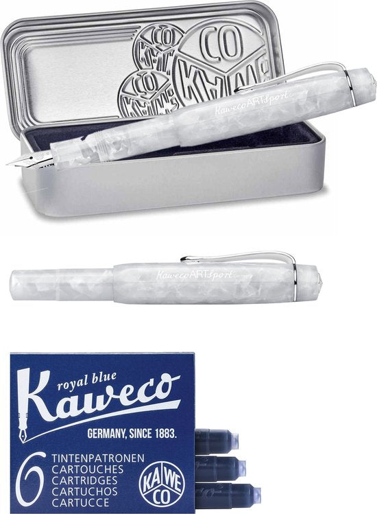 Kaweco - ART SPORT VULPEN - Mineral White - wit-chrome - Medium - Met extra doosje blauwe vullingen
