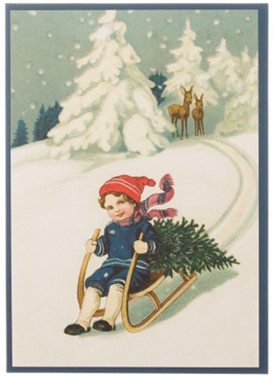 Nostalgische kerstkaarten - 4 stuks - Klassieke Vintage afbeeldingen - Winter - Sneeuw - Feestelijk - Jaarwisseling - Oude Brocante kerstkaarten 15X10,5 en 14X9