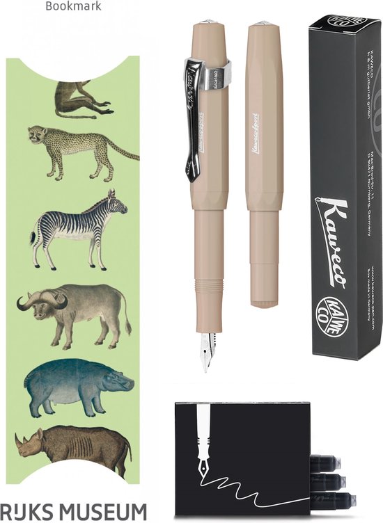 Kaweco - Vulpenset - 4delig - Vulpen Sport Skyline Macchiato Fountain Pen - Extra Breed - Nostalgic Octagonal Clip Chrome - Doosje zwarte vullingen - Bekking & Blitz Boekenlegger -nr26