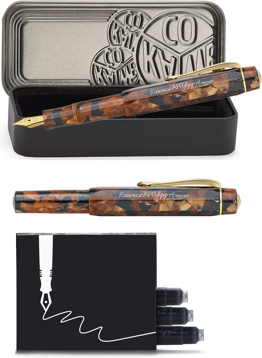 Kaweco - ART SPORT VULPEN - Hickory Brown - bruin-zwart- Extra Fine - Met extra doosje zwarte vullingen