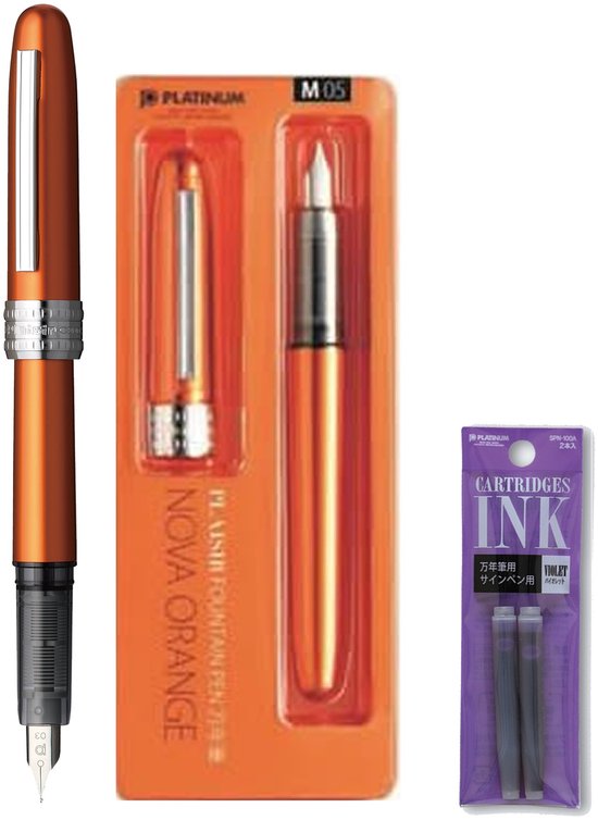 Platinum Japan - Plaisir Fountain Pen - FIJN - Vulpen - Oranje - penpunt: fijn 03 - Met extra navullingen Paars