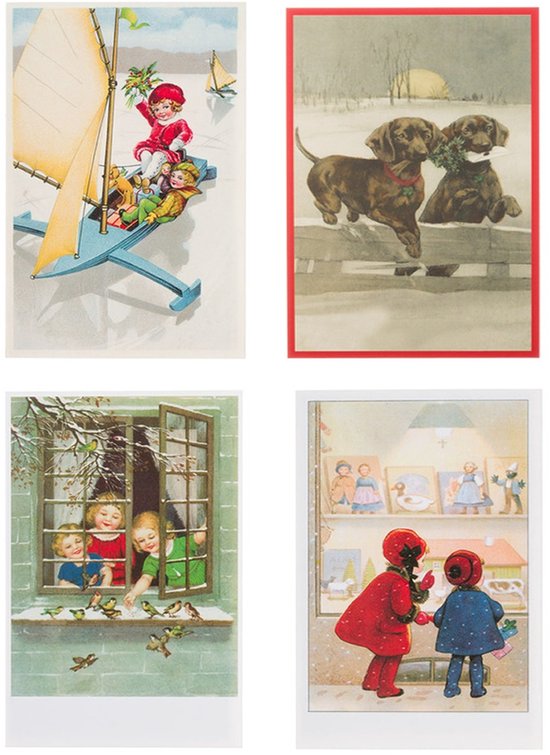 Nostalgische kerstkaarten - 4 stuks - Klassieke Vintage afbeeldingen - Winter - Sneeuw - Feestelijk - Jaarwisseling - Oude Brocante kerstkaarten 15X10,5 en 14X9