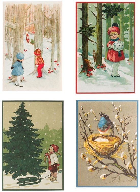 Nostalgische kerstkaarten - 4 stuks - Klassieke Vintage afbeeldingen - Winter - Sneeuw - Feestelijk - Jaarwisseling - Oude Brocante kerstkaarten 15X10,5 en 14X9
