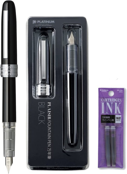 Platinum Japan - Plaisir Fountain Pen - FIJN - Vulpen - Zwart - penpunt: fijn 03 - Met extra navullingen Paars