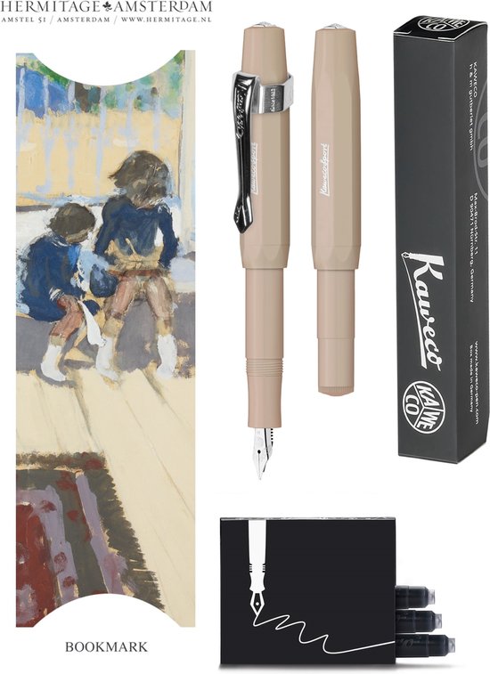 Kaweco - Vulpenset - 4delig - Vulpen Sport Skyline Macchiato Fountain Pen - Breed - Nostalgic Octagonal Clip Chrome - Doosje zwarte vullingen - Bekking & Blitz Boekenlegger - nr10