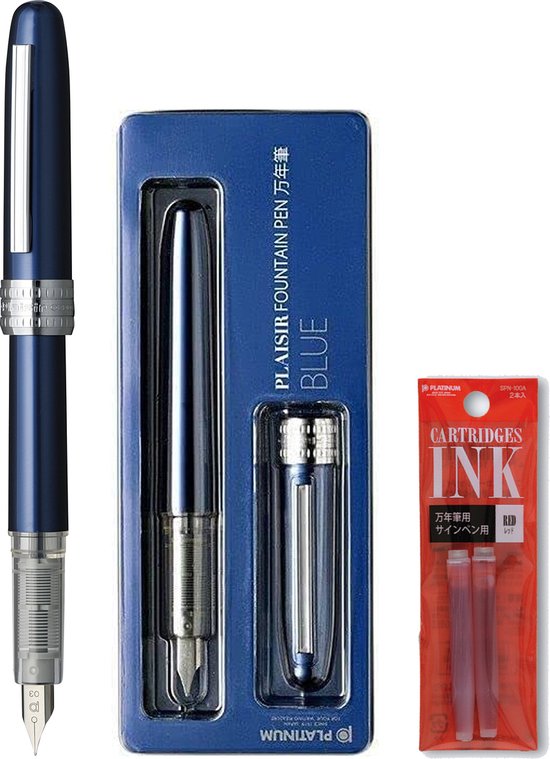 Platinum Japan - Plaisir Fountain Pen - Medium - Vulpen - Blauw - penpunt: Medium 05 - Met extra vullingen Rood