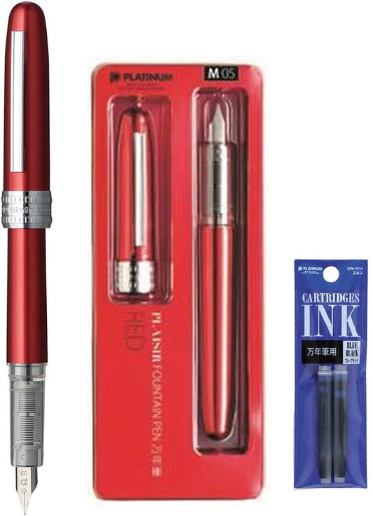 Platinum Japan - Plaisir Fountain Pen - FIJN - Vulpen - Rood - penpunt: fijn 03 - Met extra navullingen Blauw