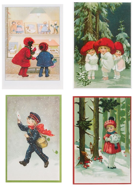 Nostalgische kerstkaarten - 4 stuks - Klassieke Vintage afbeeldingen - Winter - Sneeuw - Feestelijk - Jaarwisseling - Oude Brocante kerstkaarten 15X10,5 en 14X9