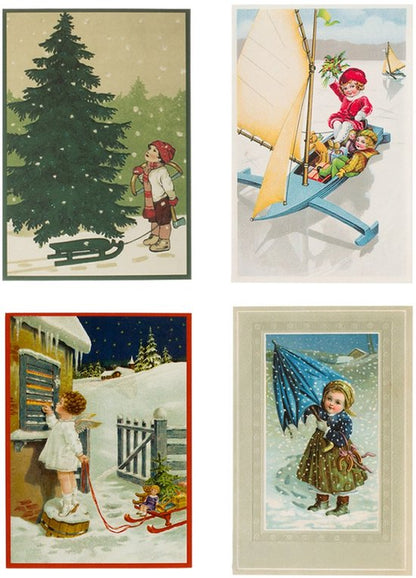 Nostalgische kerstkaarten - 4 stuks - Klassieke Vintage afbeeldingen - Winter - Sneeuw - Feestelijk - Jaarwisseling - Oude Brocante kerstkaarten 15X10,5 en 14X9