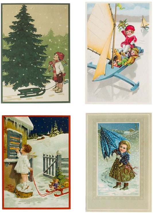 Nostalgische kerstkaarten - 4 stuks - Klassieke Vintage afbeeldingen - Winter - Sneeuw - Feestelijk - Jaarwisseling - Oude Brocante kerstkaarten 15X10,5 en 14X9