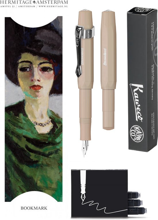 Kaweco - Vulpenset - 4delig - Vulpen Sport Skyline Macchiato Fountain Pen - Fine - Nostalgic Octagonal Clip Chrome - Doosje zwarte vullingen - Bekking & Blitz Boekenlegger - nr8