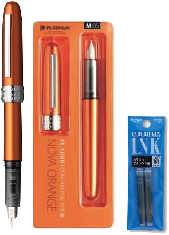 Platinum Japan - Plaisir Fountain Pen - Medium - Vulpen - Oranje - penpunt: Medium 05 - Met extra vullingen Lichtblauw