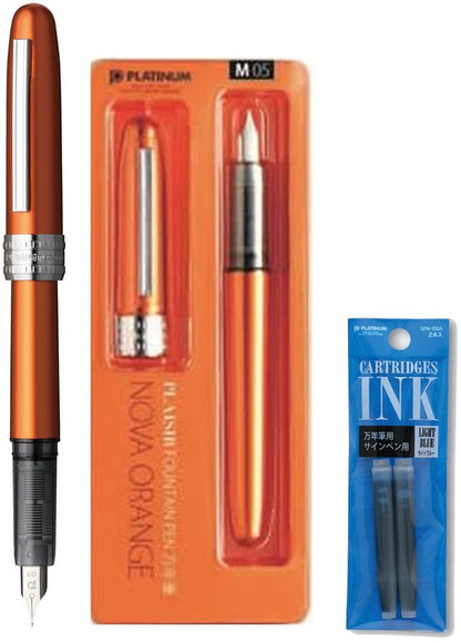 Platinum Japan - Plaisir Fountain Pen - FIJN - Vulpen - Oranje - penpunt: fijn 03 - Met extra navullingen Lichtblauw