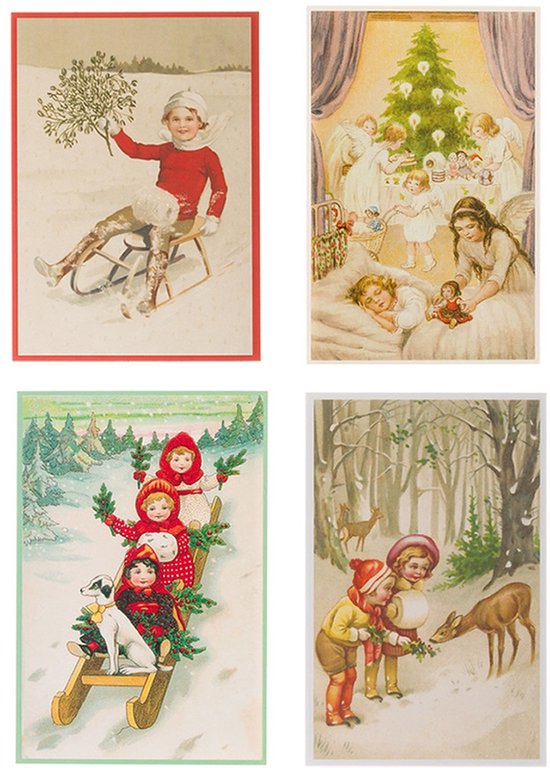 Nostalgische kerstkaarten - 4 stuks - Klassieke Vintage afbeeldingen - Winter - Sneeuw - Feestelijk - Jaarwisseling - Oude Brocante kerstkaarten 15X10,5 en 14X9