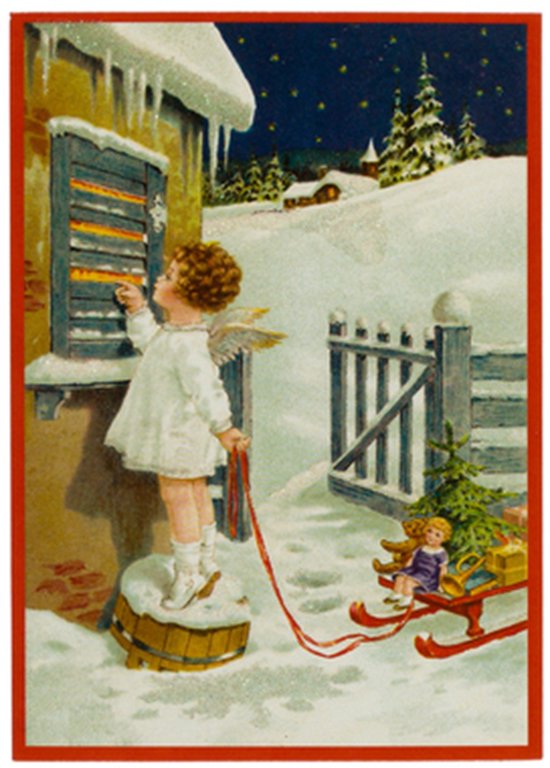 Nostalgische kerstkaarten - 4 stuks - Klassieke Vintage afbeeldingen - Winter - Sneeuw - Feestelijk - Jaarwisseling - Oude Brocante kerstkaarten 15X10,5 en 14X9