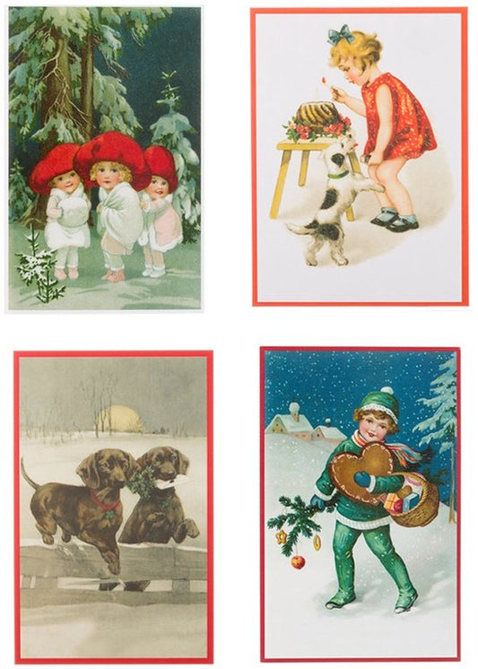 Nostalgische kerstkaarten - 4 stuks - Klassieke Vintage afbeeldingen - Winter - Sneeuw - Feestelijk - Jaarwisseling - Oude Brocante kerstkaarten 15X10,5 en 14X9