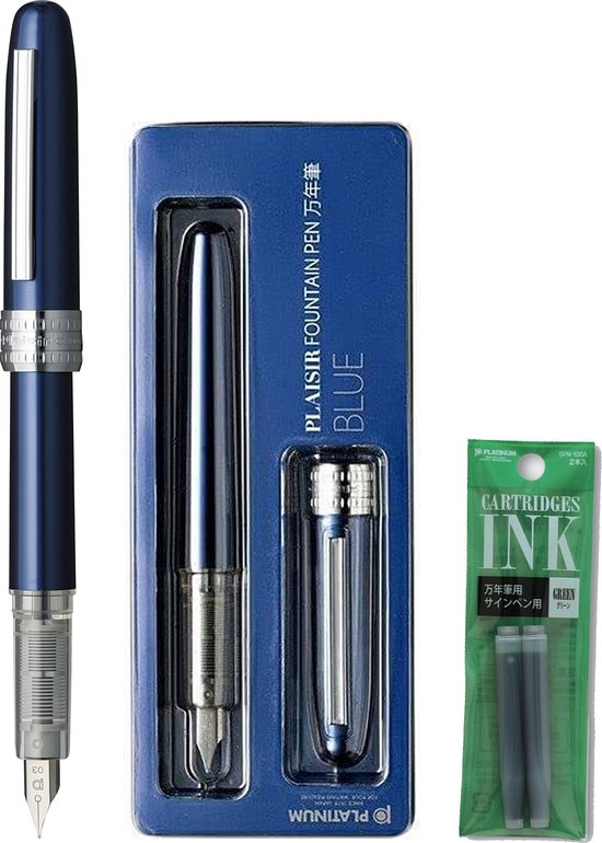 Platinum Japan - Plaisir Fountain Pen - Medium - Vulpen - Blauw - penpunt: Medium 05 - Met extra vullingen Groen