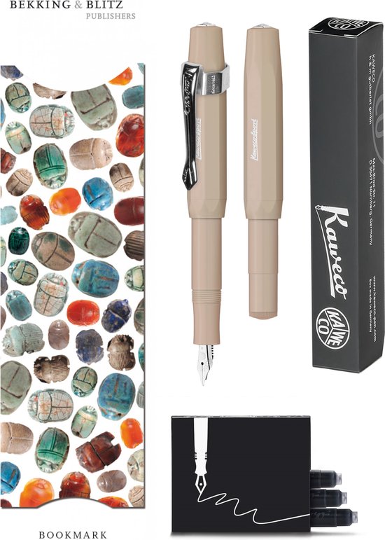 Kaweco - Vulpenset - 4delig - Vulpen Sport Skyline Macchiato Fountain Pen - Fine - Nostalgic Octagonal Clip Chrome - Doosje zwarte vullingen - Bekking & Blitz Boekenlegger -nr35
