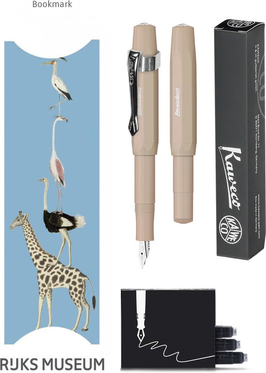 Kaweco - Vulpenset - 4delig - Vulpen Sport Skyline Macchiato Fountain Pen - Breed - Nostalgic Octagonal Clip Chrome - Doosje zwarte vullingen - Bekking & Blitz Boekenlegger -nr23