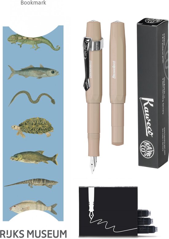 Kaweco - Vulpenset - 4delig - Vulpen Sport Skyline Macchiato Fountain Pen - Breed - Nostalgic Octagonal Clip Chrome - Doosje zwarte vullingen - Bekking & Blitz Boekenlegger - nr24